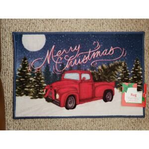 NEW Christmas Red Truck With Tree Door Mat Rug Bright Rustic Merry Christmas